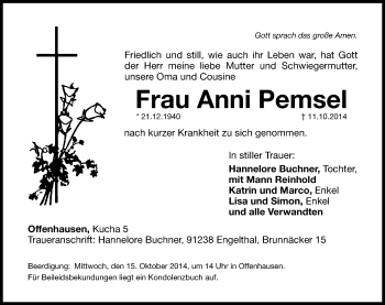 Traueranzeige von Anni Pemsel von Hersbrucker Zeitung